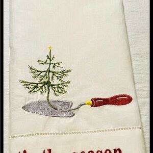 Embroidered Christmas Holiday Tea Towel with Tree and Trowel